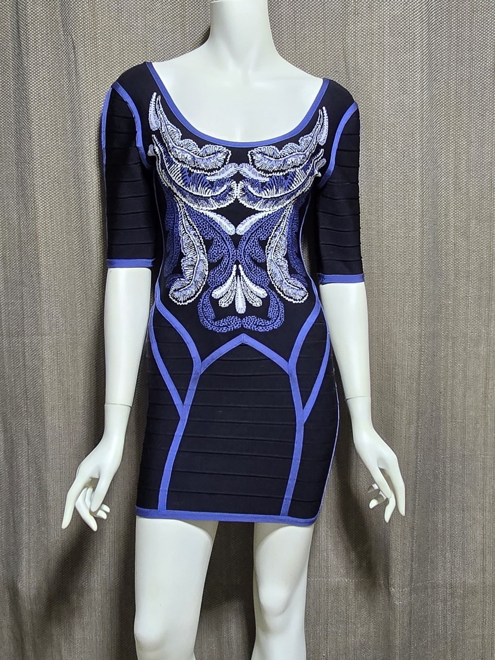 Hervé Léger Anja Bandage Mini Dress Size M Navy Blue Embroidered Bodycon